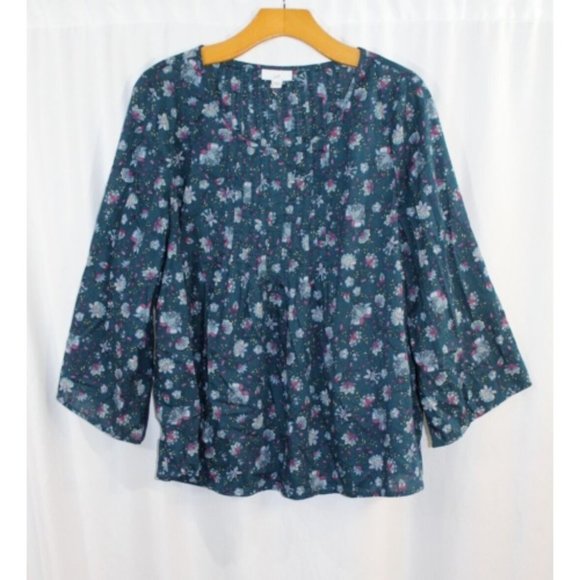 J. Jill Tops - J Jill Womens Multicolor Floral Cotton 3/4 Sleeve Pintuck Blouse M